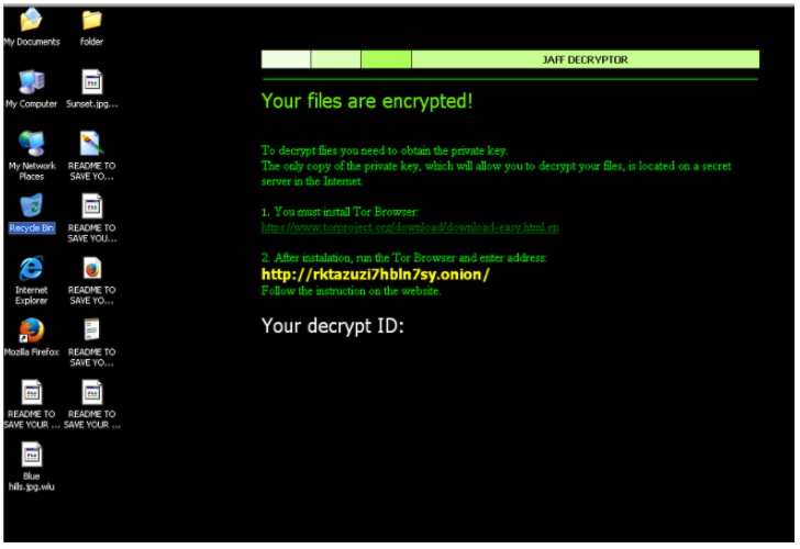 Images 8-10:  The Jaff ransomware attack reveals encryption and its personalized HTML and Bitmap files after the infection.