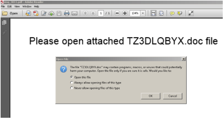 Image 4: Victims may be prompted to open a malicious Office document when viewing the PDF spam attachment.