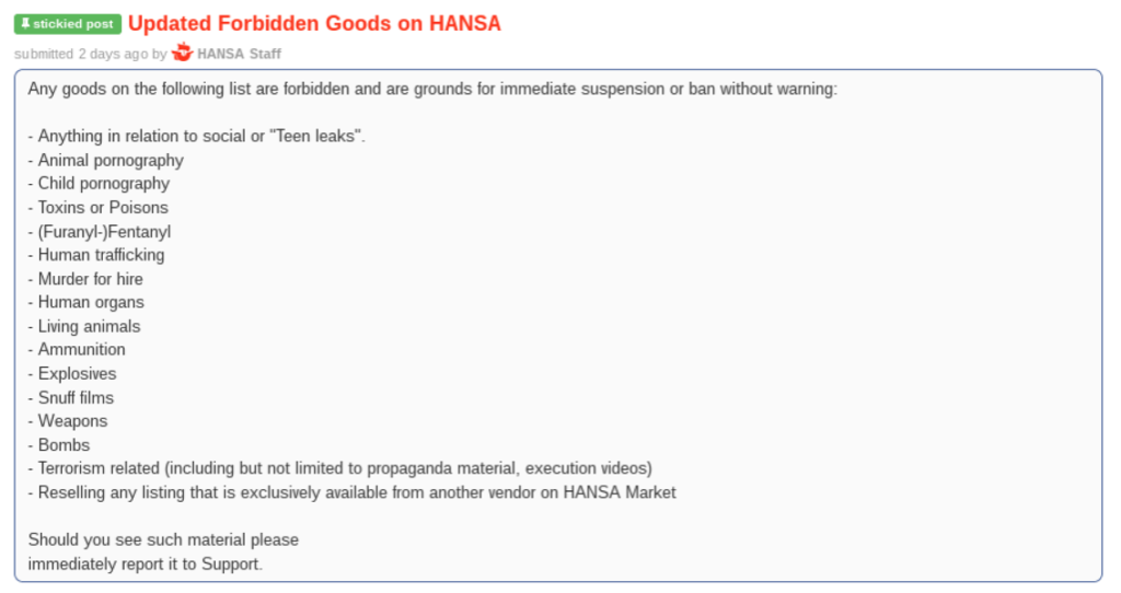 Image 3: “Hansa Staff” shares an updated list of banned goods on July 17; the list included fentanyl among the forbidden items for the first time. One prominent fentanyl vendor asked for clarification on the ban, specifically inquiring if the sale of “pharmacy-sold Fentanyl patches” was prohibited.