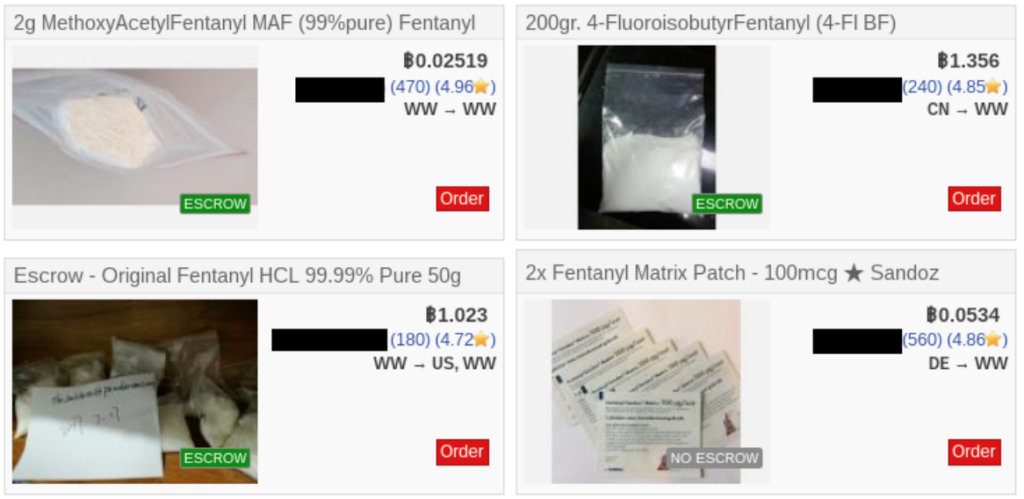 Image 5: Fentanyl products for sale on a large dark net market. Information on shipping can be found under the vendor name. The listing in the bottom right corner, for instance, indicates that the vendor ships their product from Germany (DE) to anywhere in the world (WW).