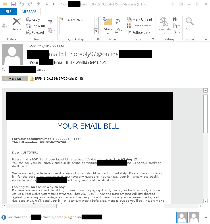 Image 1: Trickbot mac1 lure email masquerading as a telecommunications billing notice.