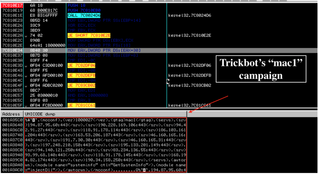 Image 2: The Trickbot mac1 main configuration includes various IP domains on port 443.