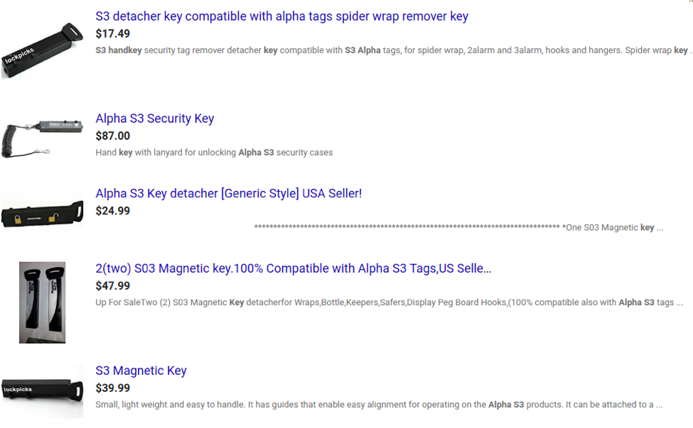 Image 4: Search results for "alpha s3 security key" showing various surface web advertisements for the tool