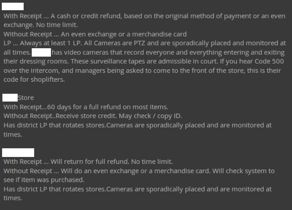 Image 8: A sample of retail store return policies posted on a surface web social network