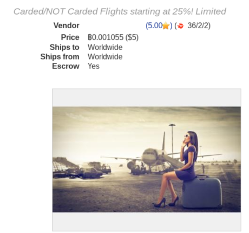 Image 2: An English-language vendor offering both carded and non-carded flights for 25 percent of the total cost of the flight.