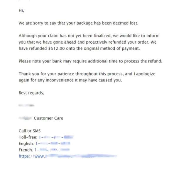 Image 1: A screenshot shared by a client of a DDW refund fraud vendor showing an email reply from the customer service team of a high-end clothing retailer. The email indicates that the client received a $512 refund after using the vendor’s social engineering services to convince the retailer that they had purchased a package that was never delivered.