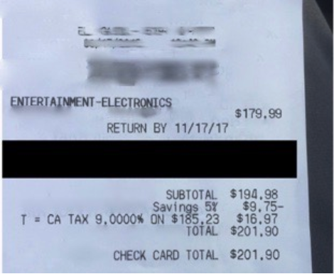 Image 2: A fake receipt vendor advertises an image of an allegedly counterfeit physical store receipt for a $201.90 entertainment/electronics purchase from a major U.S. retailer.