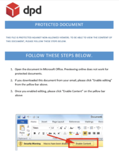 Image 2: The Rubella document imitates a DPD shipping document in protected view. The document asks the potential victim to enable macros.